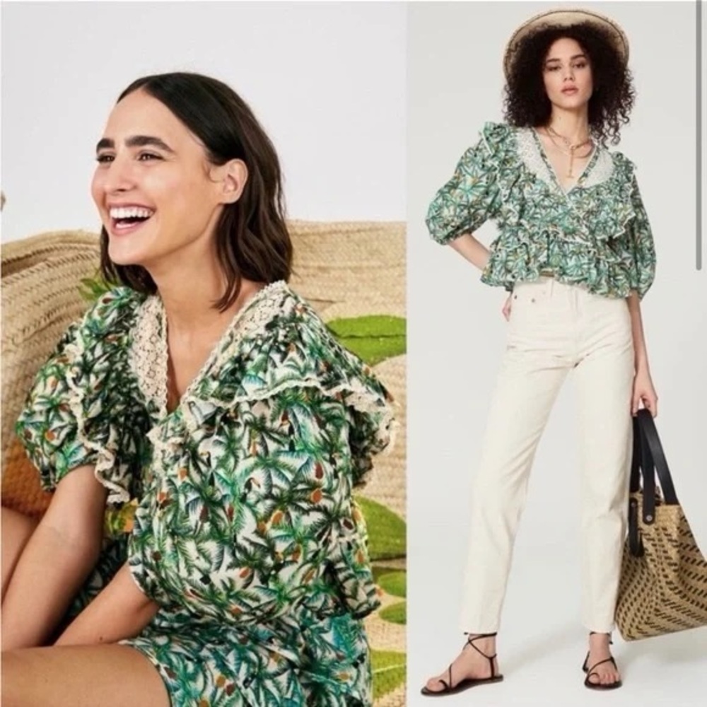 Farm Rio Green Top Mini Toucans Wrap Ruffle Short Sleeve Blouse